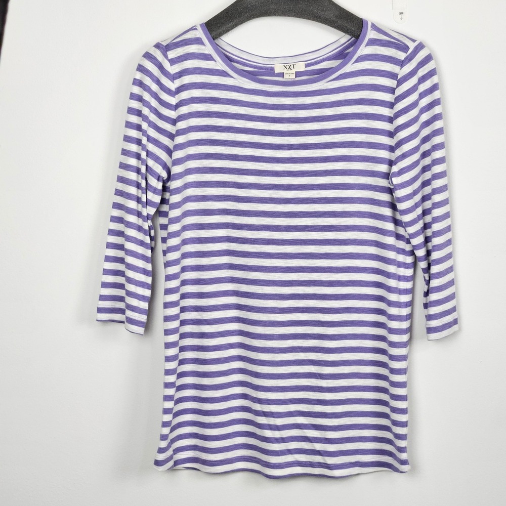 NZT Nic+Zoe Womens Knit Top Sz S Purple White Striped 3/4 Sleeve Cotton Modal